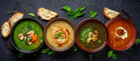 Four Bowls of Delicious Soup With Bread and Garnishes on Black Background photo
