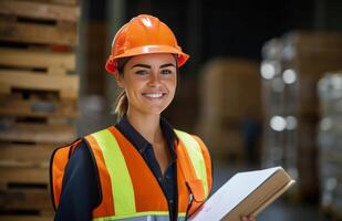 Smiling Female Warehouse Worker Holding Clipboard In Busy Industrial Setting photo