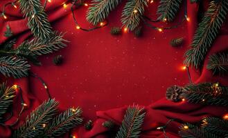 Festive Christmas Pine Branches With Twinkling Lights On Red Fabric photo