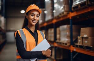 Smiling Female Warehouse Worker Holding Clipboard In Busy Industrial Setting photo
