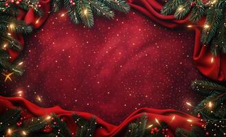 Festive Christmas Pine Branches With Twinkling Lights On Red Fabric photo