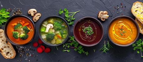 Four Bowls of Delicious Soup With Bread and Garnishes on Black Background photo
