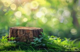 Tree Stump in a Lush Green Forest on a Sunny Day photo