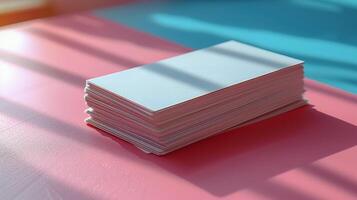 Stack of White Paper on Pink and Blue Background With Sunlight photo