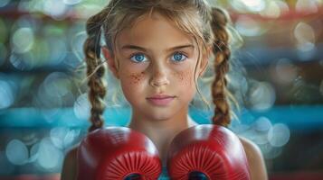 Young Girl Boxer Wearing Red Gloves in a Boxing Ring photo