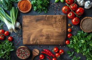 Fresh Vegetables and Spices Around a Wooden Cutting Board on a Black Background photo