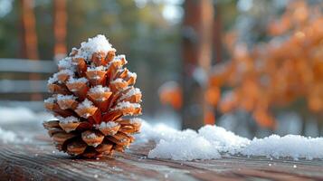 cubierto de nieve pino cono en un de madera barandilla en invierno foto