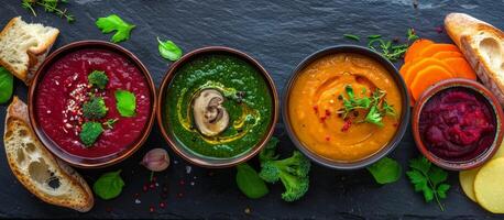 Colorful Creamy Soups With Fresh Herbs and Bread on Black Slate photo