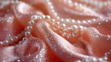 Close Up of Peach Satin Fabric With Pearl Beads photo