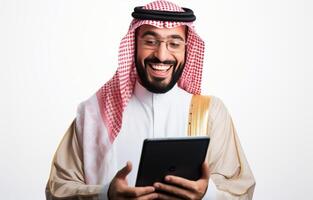 Happy Man in Traditional Clothing Using a Tablet Device photo