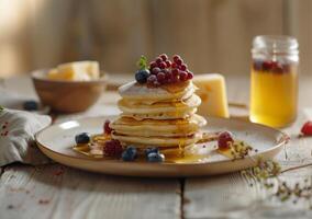 Freshly Made Stack of Pancakes Drizzled With Honey and Topped With Berries on a Wooden Table photo