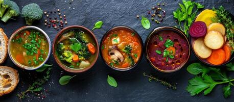 Colorful Creamy Soups With Fresh Herbs and Bread on Black Slate photo