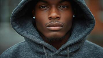 Close Up of a Man Wearing a Dark Blue Fleece Jacket With a Hood and Rope Drawstring photo