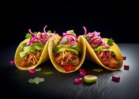 Tres delicioso tirado Cerdo tacos con palta, rojo cebolla, y cilantro foto