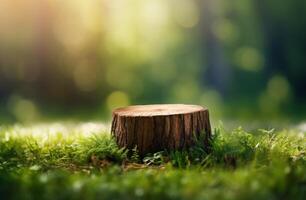 A Sunlit Tree Stump in a Lush Green Forest photo