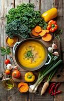 Creamy Pumpkin Soup With Kale, Mushrooms, and Tomatoes on Rustic Wooden Table photo