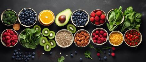 Fresh Green Vegetables, Fruits, and Nuts Arranged in Bowls on a Black Surface photo