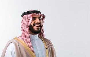 Happy Man in Traditional Clothing Using a Tablet Device photo