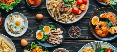 Delicious and Diverse Dinner Plates With Pasta, Fish, Eggs, and Salad on Wooden Table photo