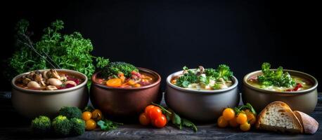 A Variety of Hearty Vegetable Soups Served in Rustic Bowls With Fresh Broccoli photo