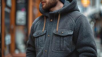 Close Up of a Man Wearing a Dark Blue Fleece Jacket With a Hood and Rope Drawstring photo
