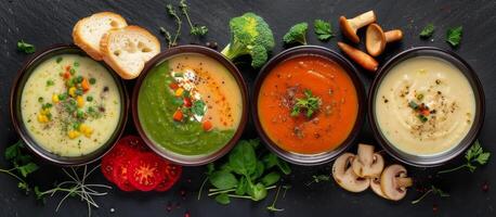 Colorful Creamy Soups With Fresh Herbs and Bread on Black Slate photo