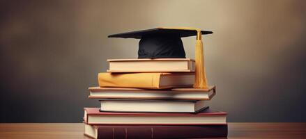 Graduation Cap Atop Stack of Books on Wooden Table photo