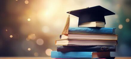 Graduation Cap Atop Stack of Books on Wooden Table photo