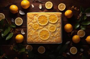 Lemon Cake Topped With Lemon Slices and Greenery on Wooden Table photo