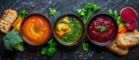 Colorful Creamy Soups With Fresh Herbs and Bread on Black Slate photo