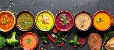Colorful Variety of Soups Served in Bowls on a Dark Surface photo