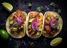 Tres delicioso tirado Cerdo tacos con palta, rojo cebolla, y cilantro foto