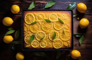 Lemon Cake Topped With Lemon Slices and Greenery on Wooden Table photo