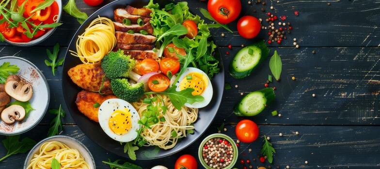 Delicious and Diverse Dinner Plates With Pasta, Fish, Eggs, and Salad on Wooden Table photo