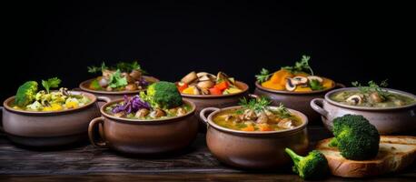 A Variety of Hearty Vegetable Soups Served in Rustic Bowls With Fresh Broccoli photo