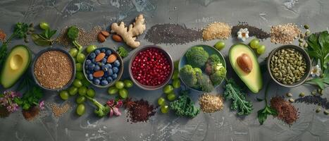 Assortment of Fresh and Dried Healthy Foods on a Gray Surface photo