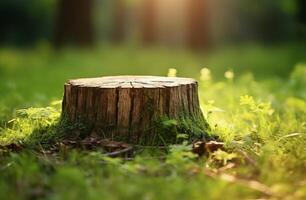 A Sunlit Tree Stump in a Lush Green Forest photo