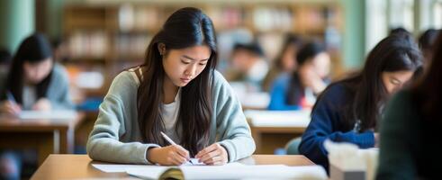 Young Woman Taking Notes in a Classroom During a Daytime Lecture photo