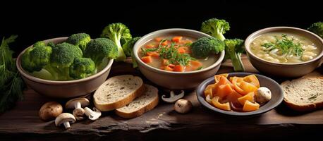 A Variety of Hearty Vegetable Soups Served in Rustic Bowls With Fresh Broccoli photo