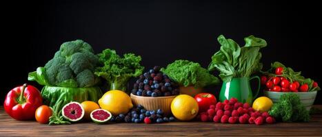 Fresh Produce Arrangement With Raspberries, Blueberries, and Greens on a Black Background photo