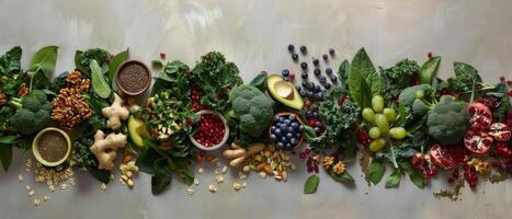 Assortment of Fresh and Dried Healthy Foods on a Gray Surface photo