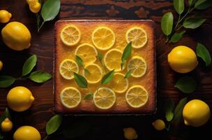 Lemon Cake Topped With Lemon Slices and Greenery on Wooden Table photo