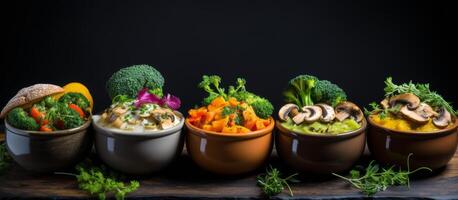A Variety of Hearty Vegetable Soups Served in Rustic Bowls With Fresh Broccoli photo