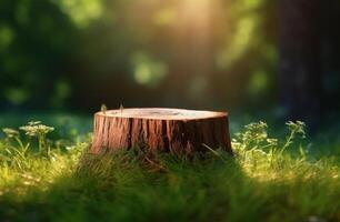 A Sunlit Tree Stump in a Lush Green Forest photo