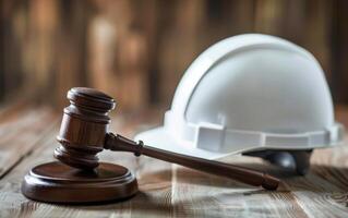 White Hard Hat and Wooden Gavel on Brown Wooden Surface photo