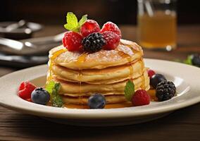 Fluffy Buttermilk Pancakes With Fresh Berries and Syrup photo