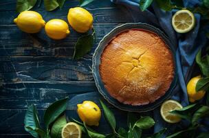 Freshly Baked Lemon Cake With Lemon Slices and Leaves on Blue Wood Table photo
