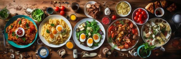 A Rustic Table Spread With Diverse Dishes and Ingredients for a Festive Meal photo