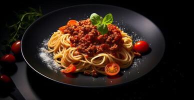 Overhead View of Spaghetti With Bolognese Sauce and Basil on a Black Plate photo