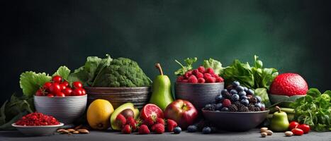 Fresco Produce arreglo con frambuesas, arándanos, y verduras en un negro antecedentes foto